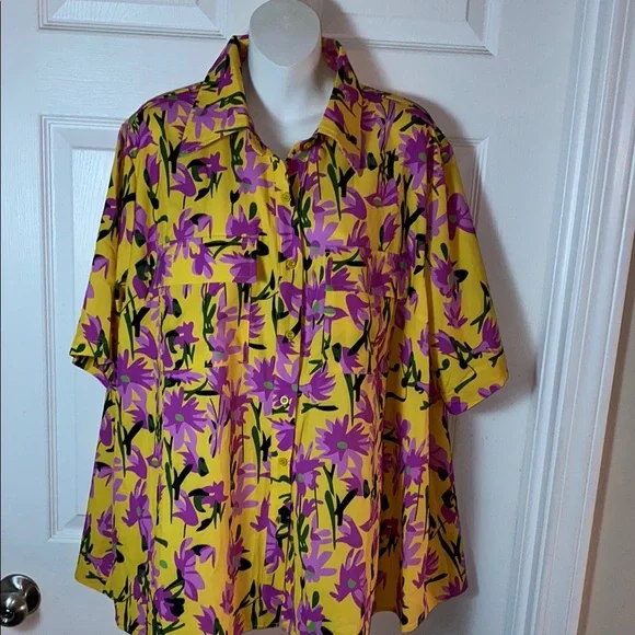 Rebdolls Yellow and Purple Floral Button Down Shirt Tropical Hawaiian Plus Sz 3X - Picture 7 of 11